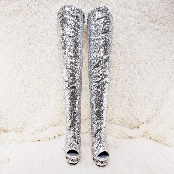 3011 Silver Sequin Open Toe Thigh High Heel Boots Blondie - Picture 11 of 15